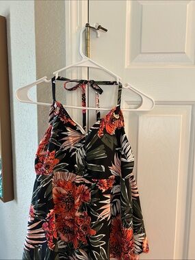 Tropical Floral Halter bathing suit top - Black with orange green and peach